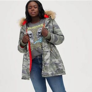 Torrid Fur-Lined Parka Nylon Hooded Faux Fur Camo NWT